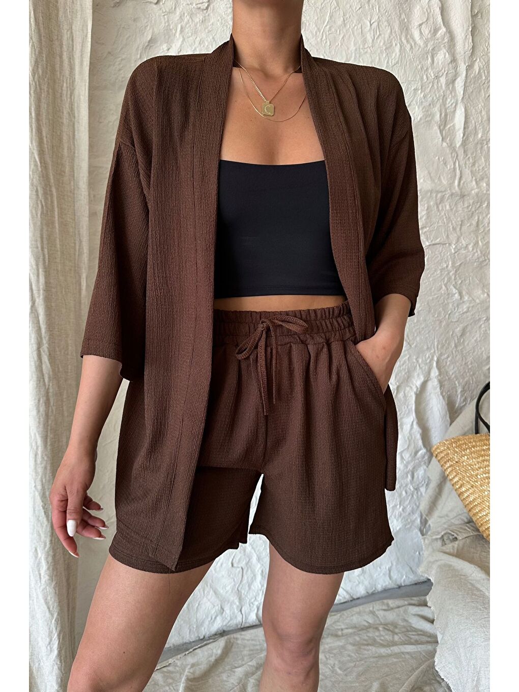 Kahverengi Kadın Kahve Kimono Gömlek Şort Alt Üst Takım-2