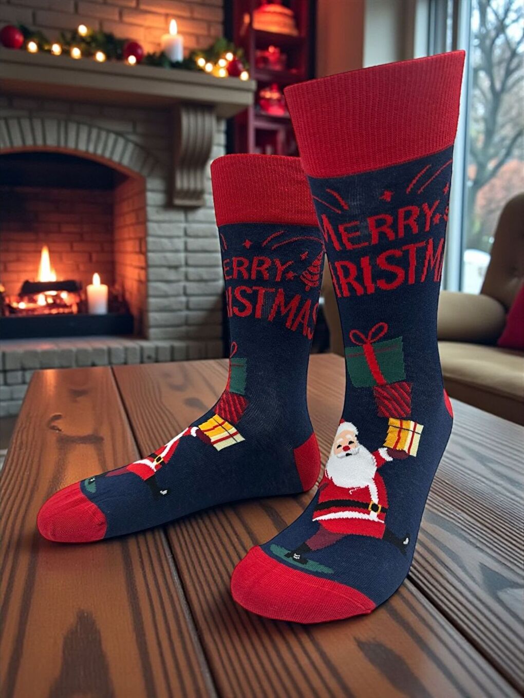 Kırmızı Erkek Yılbaşı Çorabı 41-46 Numara Merry Christmas Desenli Pamuklu Elastanlı 2’li Paket-2