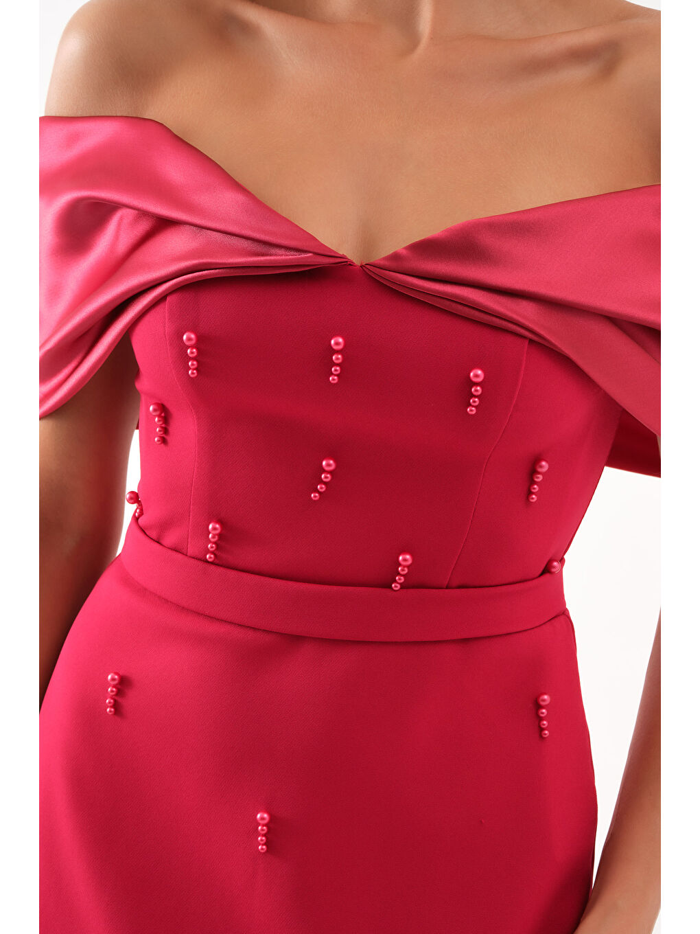 Kadın Bordo Kayık Yaka İncili Söz Nişan Nikah Abiye Elbise-3