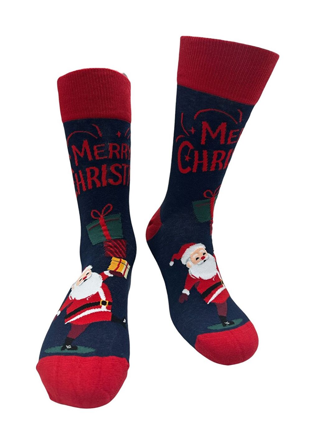 Kırmızı Erkek Yılbaşı Çorabı 41-46 Numara Merry Christmas Desenli Pamuklu Elastanlı 2’li Paket-4
