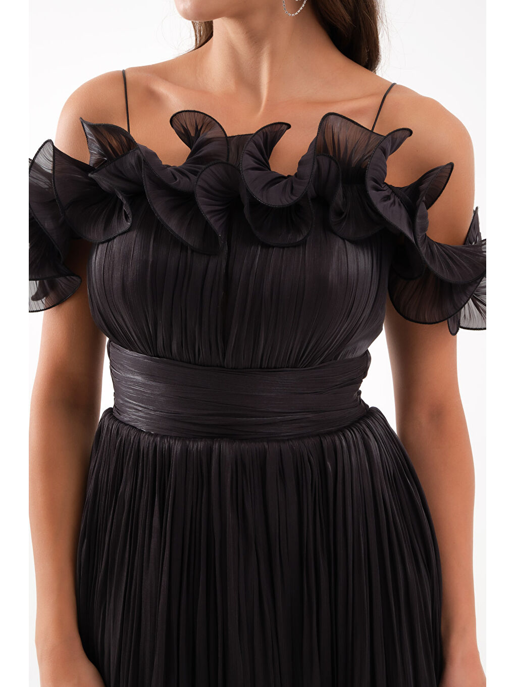 Kadın Siyah Yaka Detay Midi Abiye Elbise-2