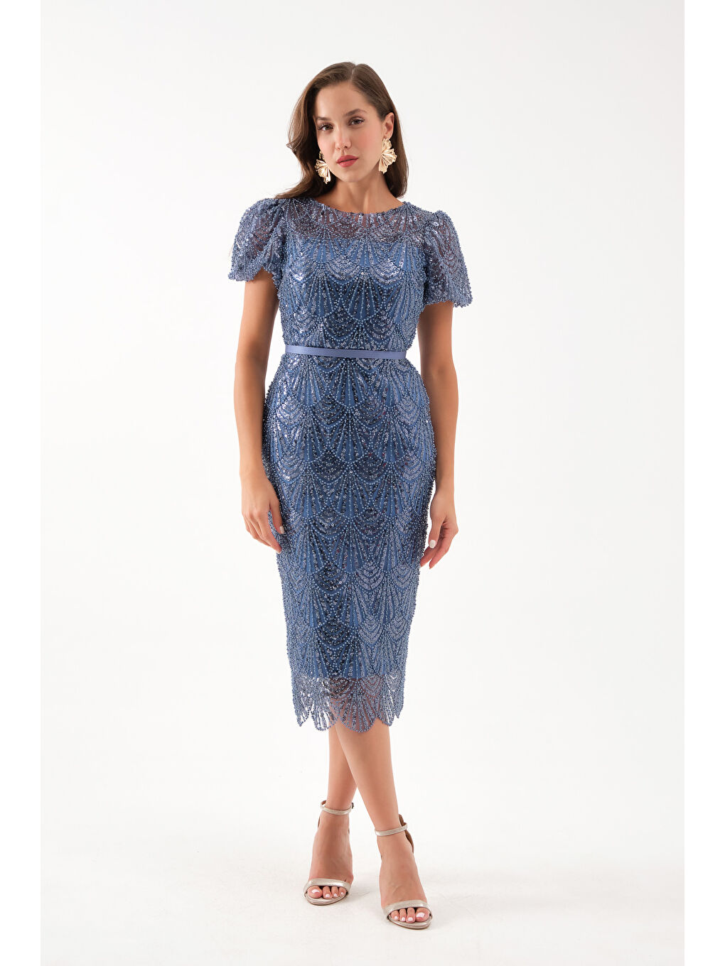 Kadın İndigo Boncuklu Midi Abiye Elbise-1