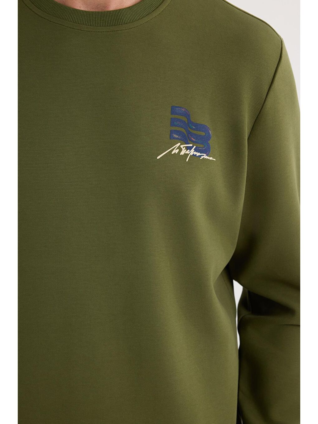 Unisex Relax Fit Pamuklu Yumuşak Dokulu Bisiklet Yaka İçi Polarlı Baskılı Yeşil Sweatshirt-2