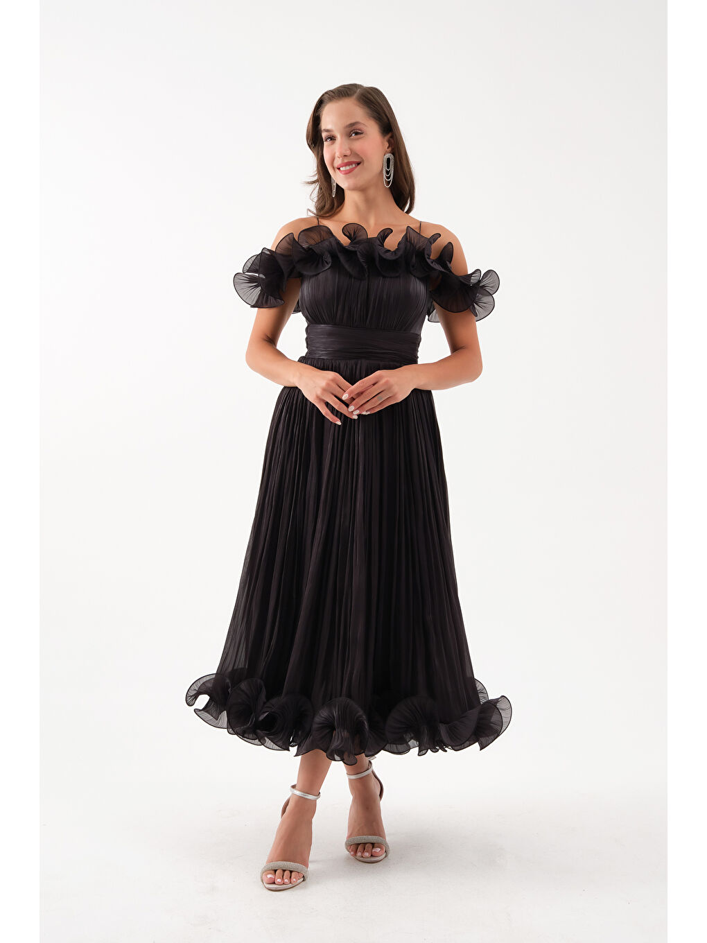 Kadın Siyah Yaka Detay Midi Abiye Elbise-3