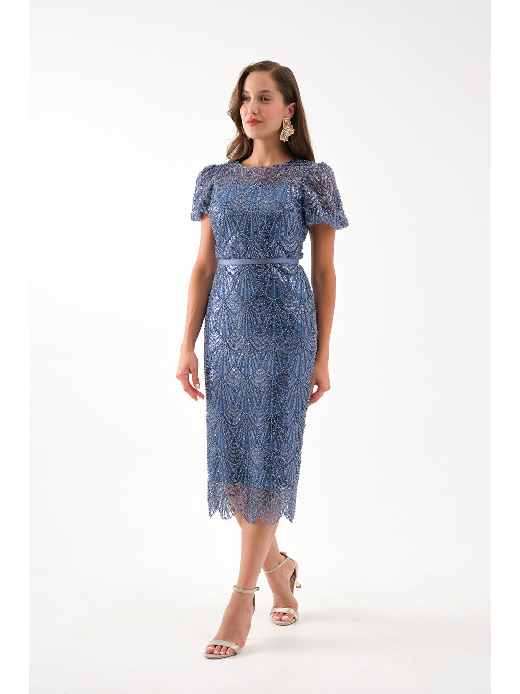 Kadın İndigo Boncuklu Midi Abiye Elbise-2