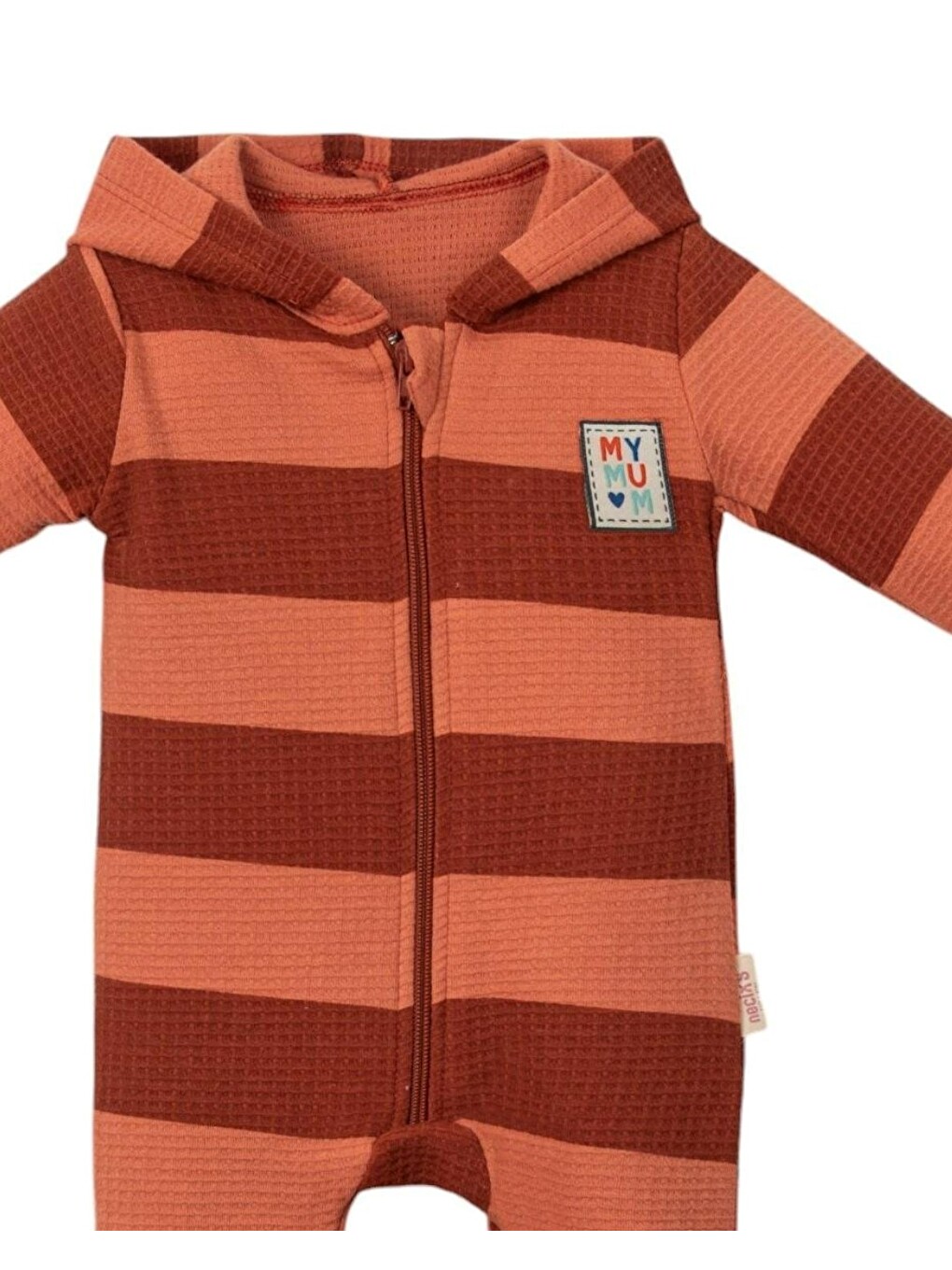 Kırmızı Erkek Bebek Çizgili Kapüşonlu Fermuarlı Waffle Tulum-3