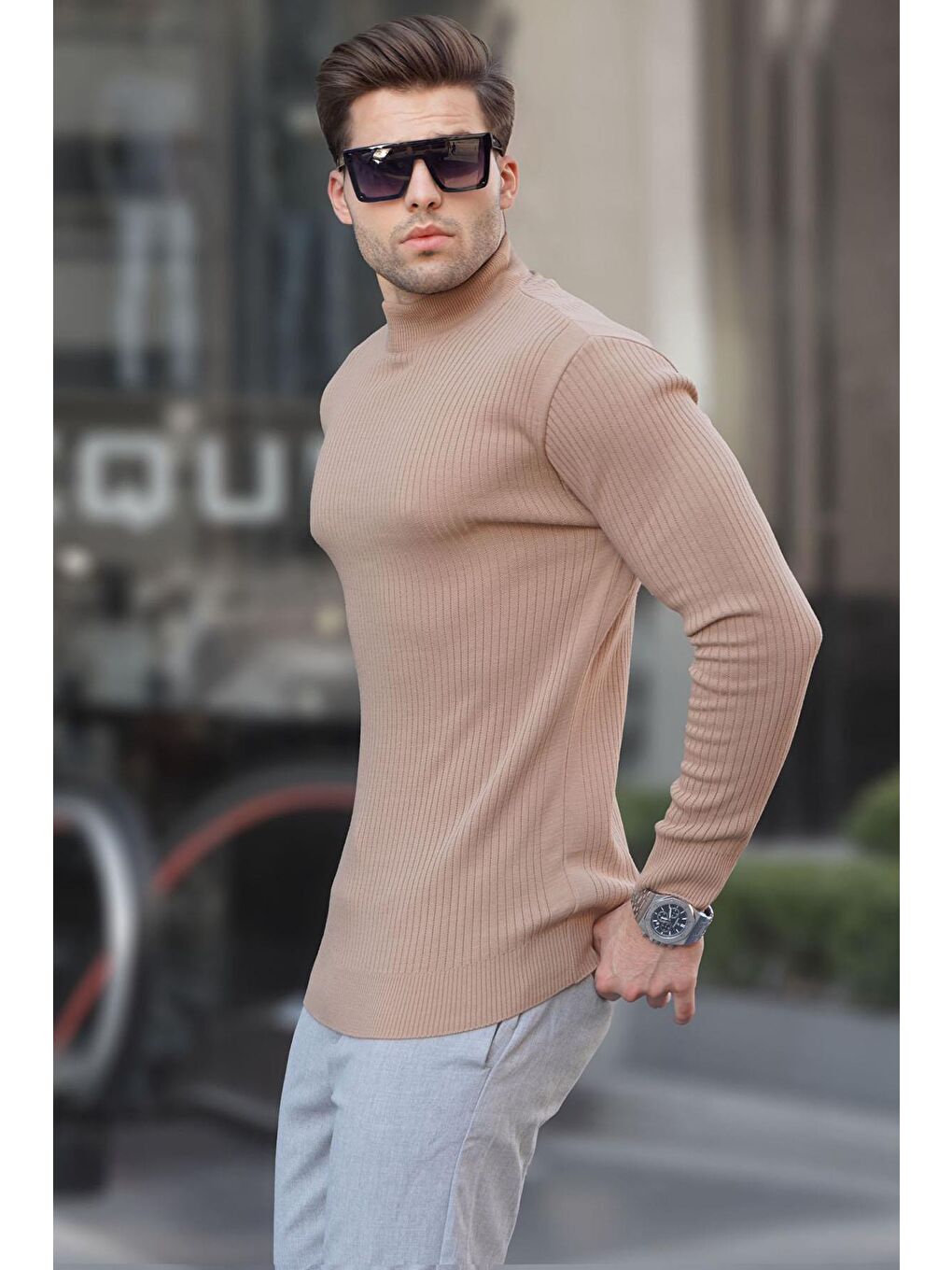 Kahverengi Bisküvi Balıkçı Yaka Erkek Triko Kazak 6822