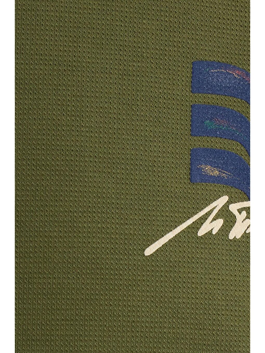 Unisex Relax Fit Pamuklu Yumuşak Dokulu Bisiklet Yaka İçi Polarlı Baskılı Yeşil Sweatshirt-5