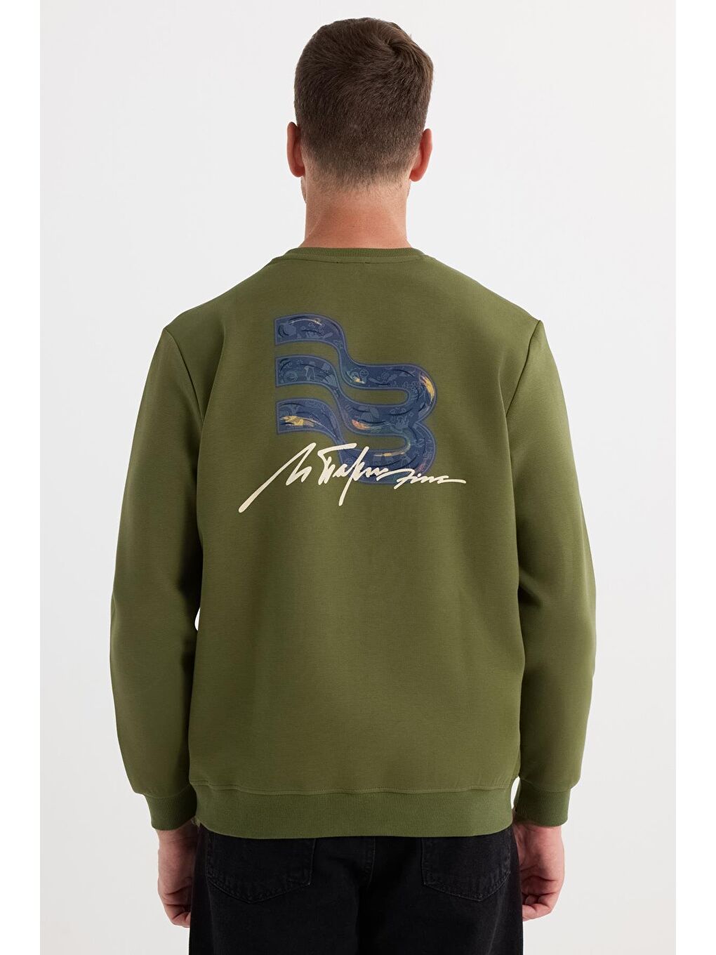 Unisex Relax Fit Pamuklu Yumuşak Dokulu Bisiklet Yaka İçi Polarlı Baskılı Yeşil Sweatshirt-6