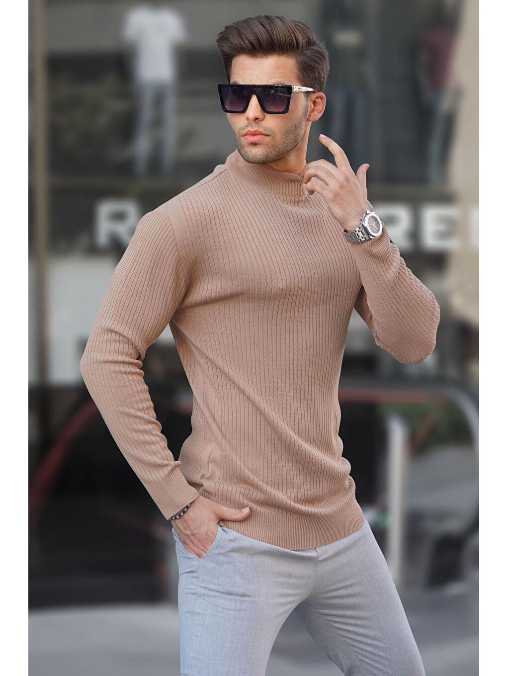 Kahverengi Bisküvi Balıkçı Yaka Erkek Triko Kazak 6822-1