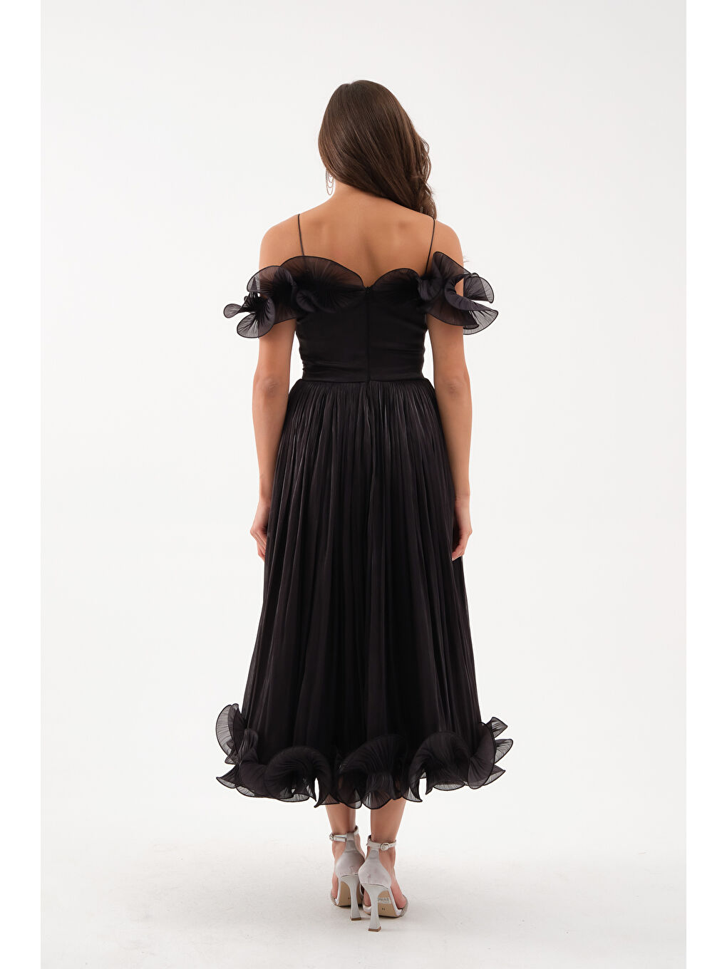 Kadın Siyah Yaka Detay Midi Abiye Elbise-4