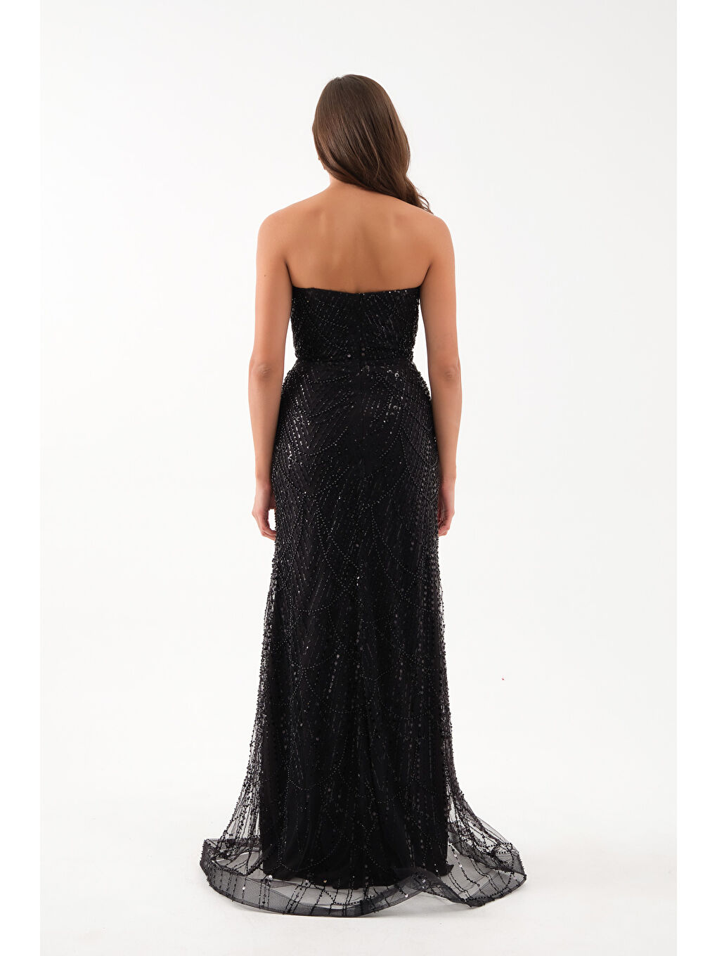 Kadın Siyah Straplez Boncuklu Uzun Balık Abiye Elbise-4