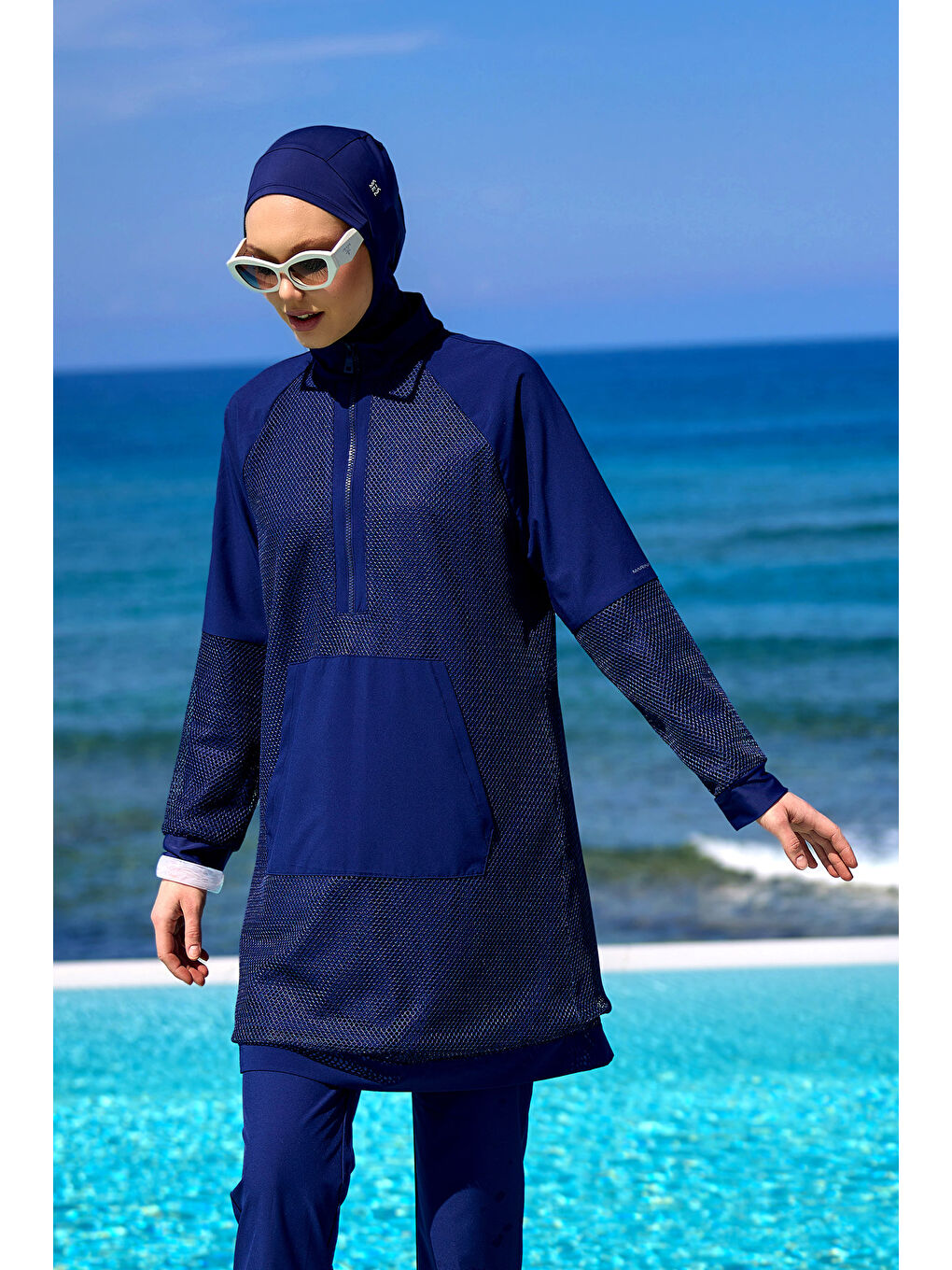 Lacivert Tam Kapalı Tesettür Mayo Tül Detaylı M2534-2