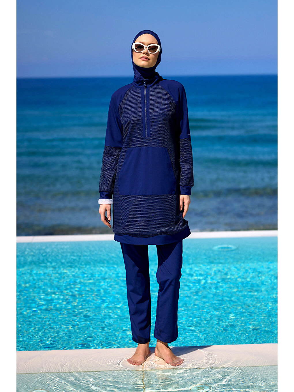 Lacivert Tam Kapalı Tesettür Mayo Tül Detaylı M2534-2-2