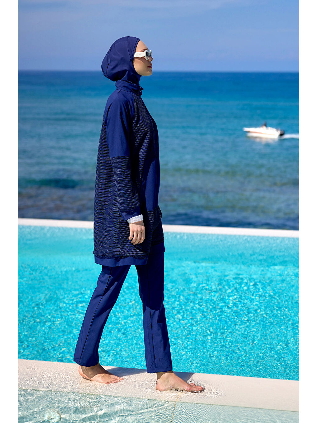 Lacivert Tam Kapalı Tesettür Mayo Tül Detaylı M2534-2-3