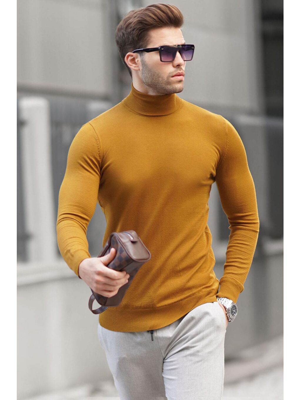 Kahverengi Tütün Rengi Balıkçı Yaka Erkek Triko Kazak 6809-1