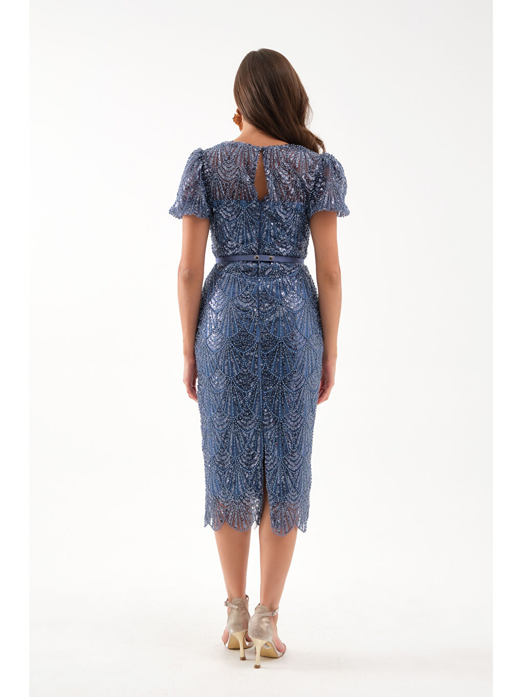 Kadın İndigo Boncuklu Midi Abiye Elbise-4