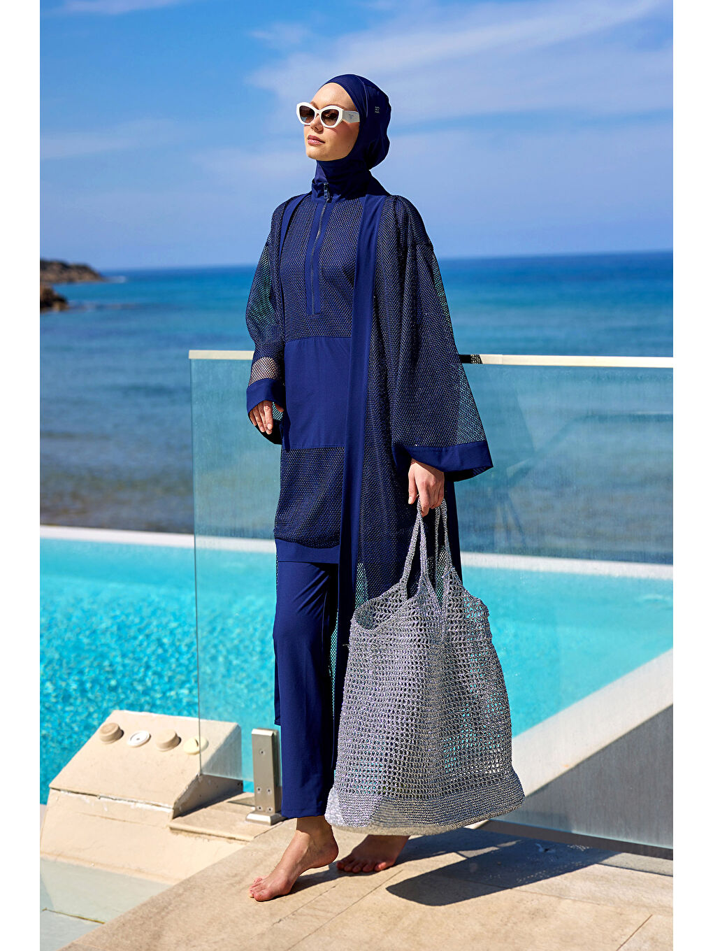 Lacivert Tam Kapalı Tesettür Mayo Tül Detaylı M2534-2-4
