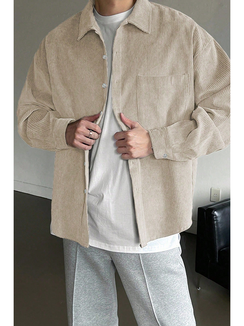 Bej Erkek Gömlek Fitilli Kadife Oversize Gömlek Yaka Cepli Uzun Kollu Ceket Gömlek-2