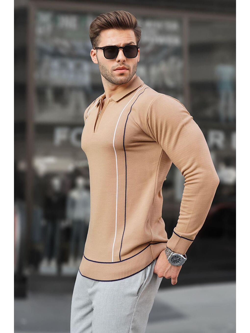 Kahverengi Bisküvi Desenli Fermuarlı Polo Yaka Triko Erkek Kazak 6823