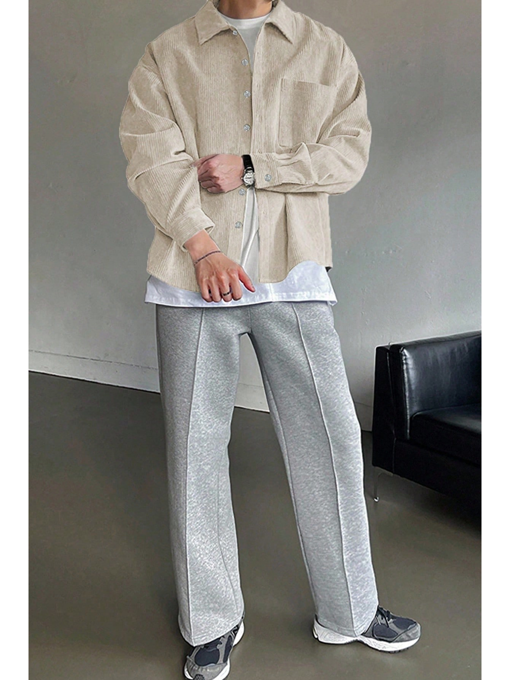 Bej Erkek Gömlek Fitilli Kadife Oversize Gömlek Yaka Cepli Uzun Kollu Ceket Gömlek-3