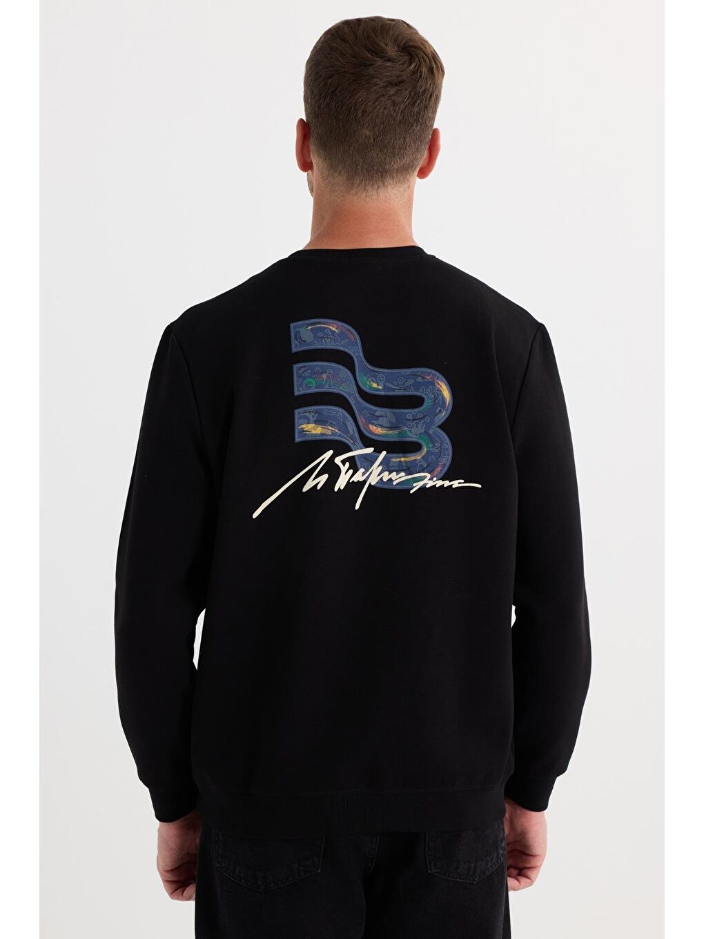 Unisex Relax Fit Pamuklu Yumuşak Dokulu Bisiklet Yaka İçi Polarlı Baskılı Siyah Sweatshirt-5