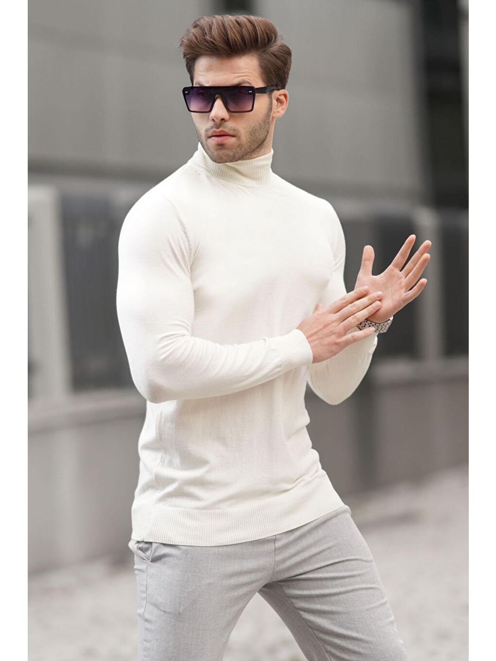 Beyaz Kemik Balıkçı Yaka Erkek Triko Kazak 6809-1