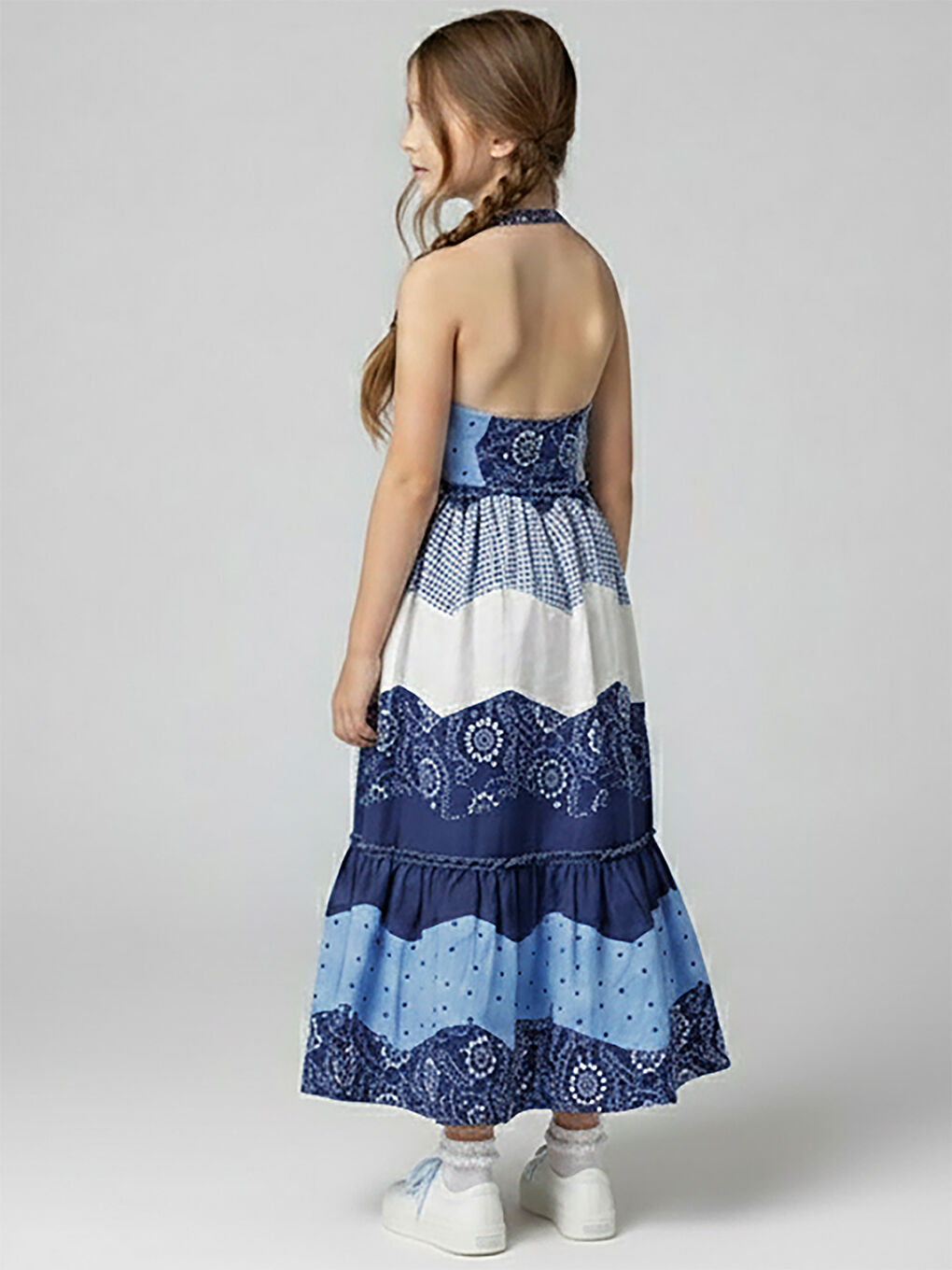 Mavi Lacivert Beyaz Desenli Kız Çocuk Poplin Elbise-3