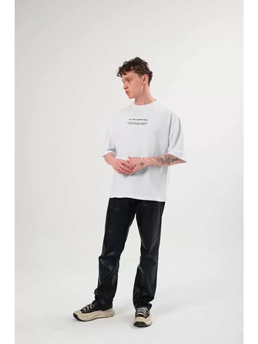 Unisex Bisiklet Yaka Baskılı Oversize T-Shirt - Beyaz