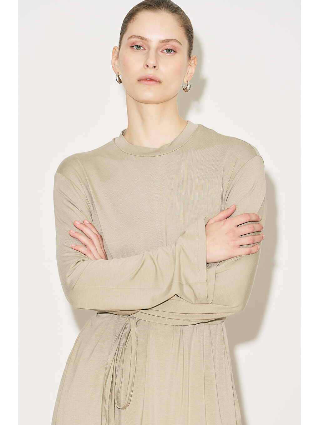 Bej Easy Kuşaklı Rahat Bluz Taş