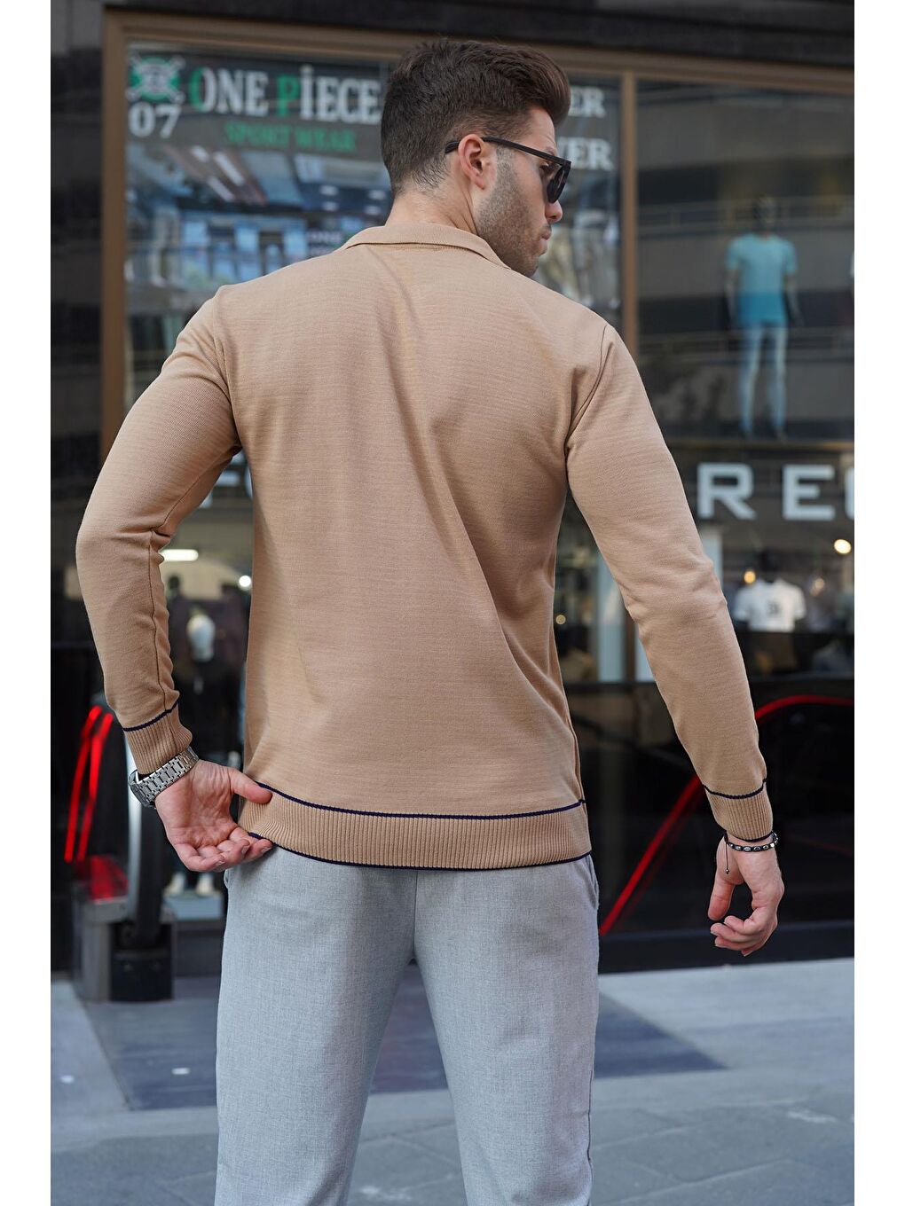 Kahverengi Bisküvi Desenli Fermuarlı Polo Yaka Triko Erkek Kazak 6823-2