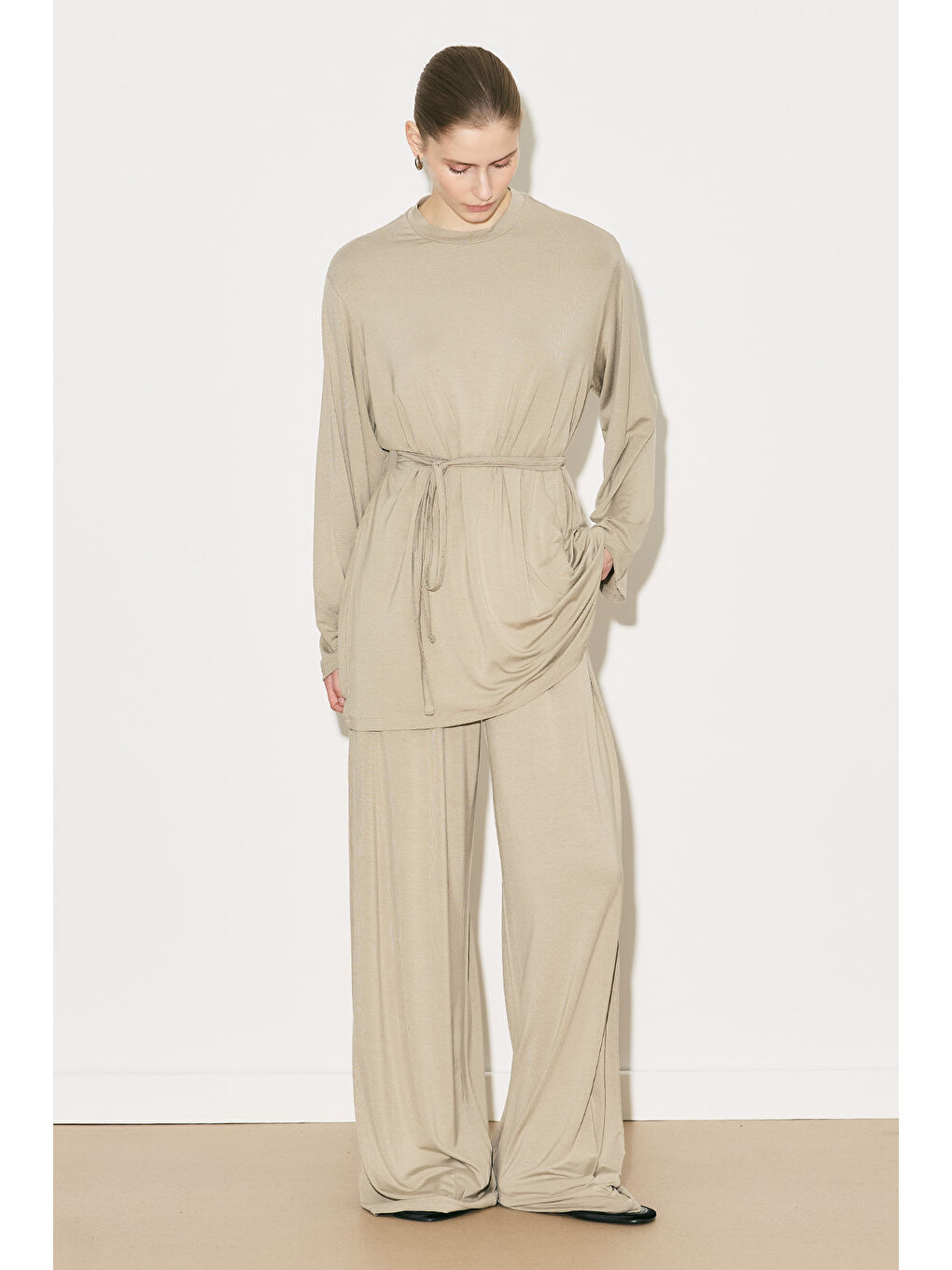 Bej Easy Kuşaklı Rahat Bluz Taş-2