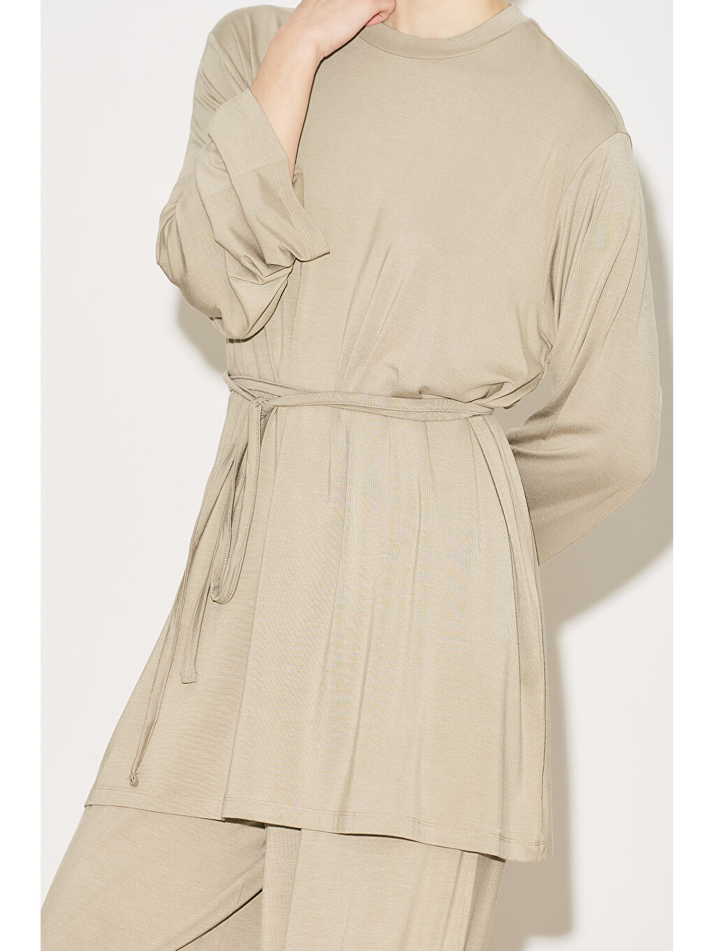 Bej Easy Kuşaklı Rahat Bluz Taş-4