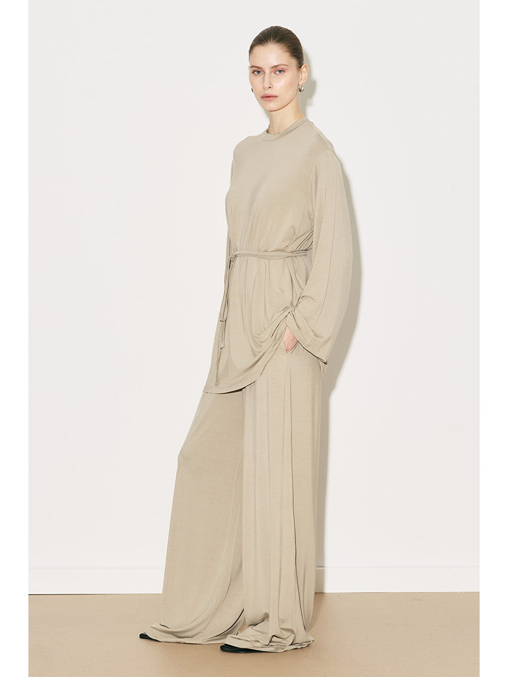 Bej Easy Kuşaklı Rahat Bluz Taş-5