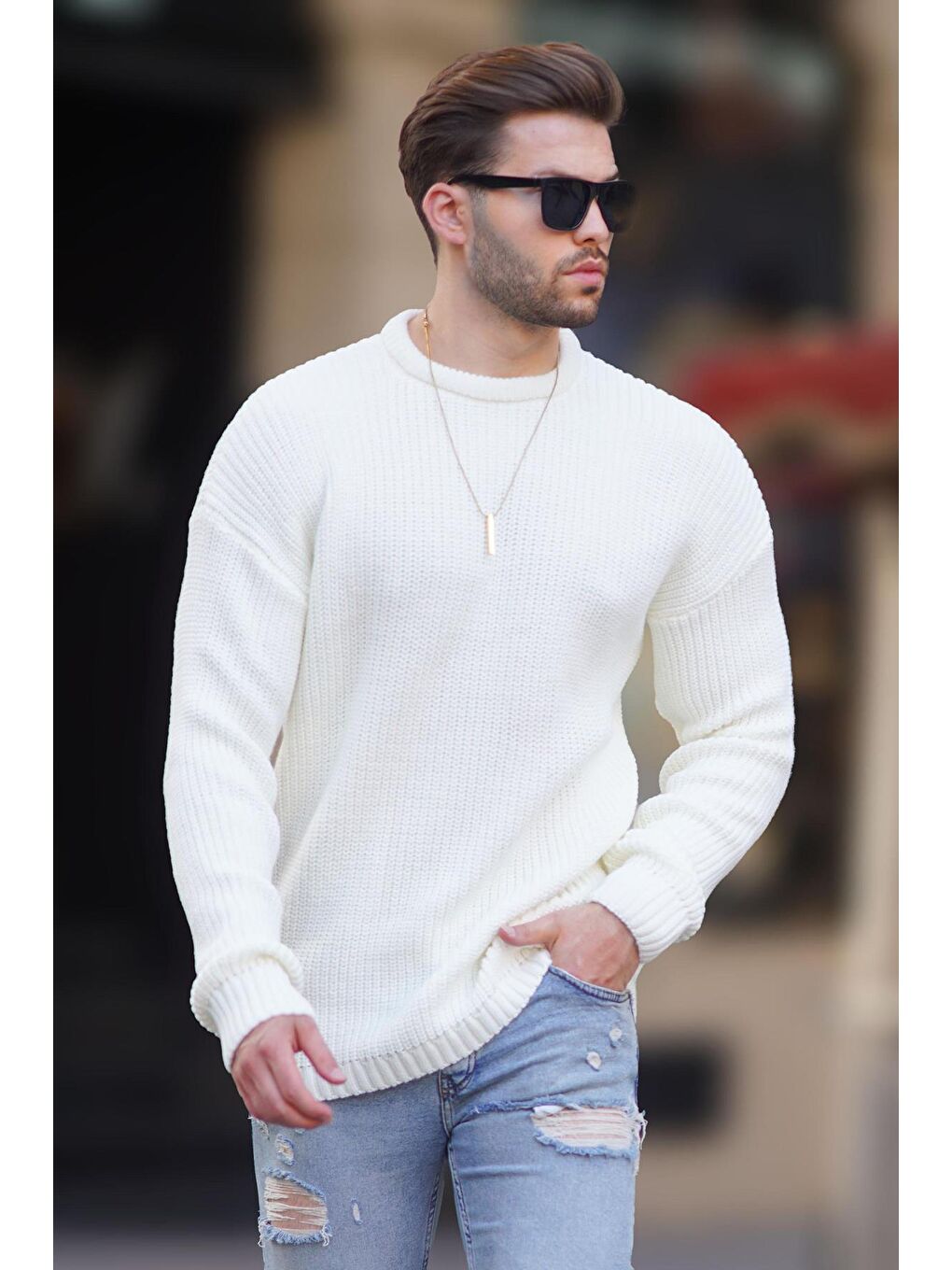 Beyaz Kemik Rengi Bisiklet Yaka Uzun Kollu Örme Kazak 7246