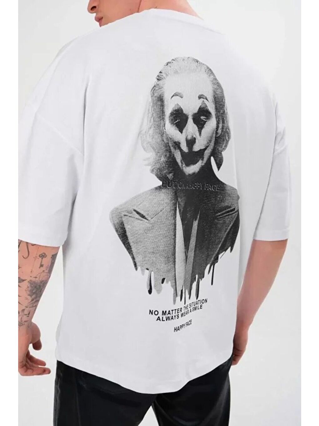 Unisex Bisiklet Yaka Baskılı Oversize T-Shirt - Beyaz-1