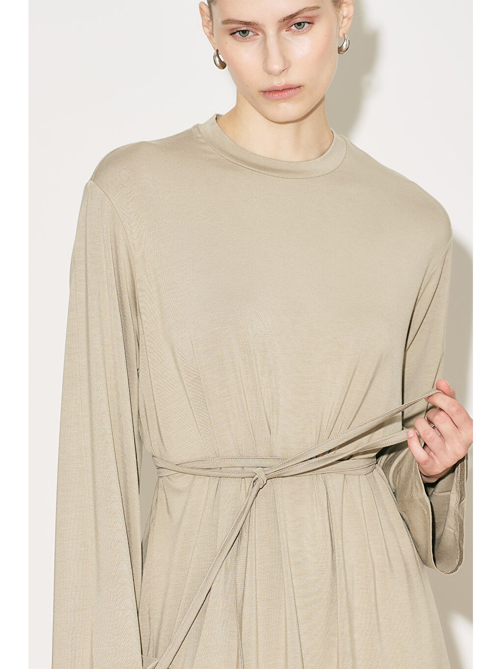 Bej Easy Kuşaklı Rahat Bluz Taş-6