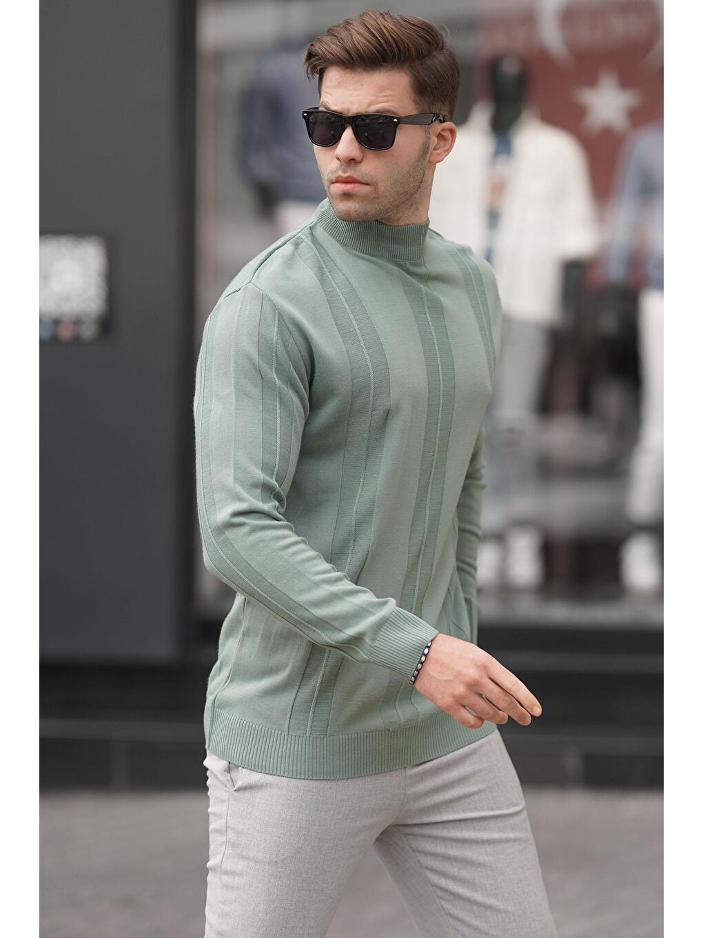 Çağla Yeşili Balıkçı Yaka Desenli Kazak 6825-1