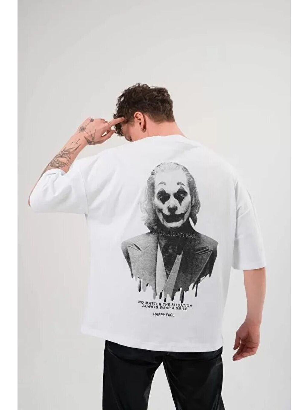 Unisex Bisiklet Yaka Baskılı Oversize T-Shirt - Beyaz-2