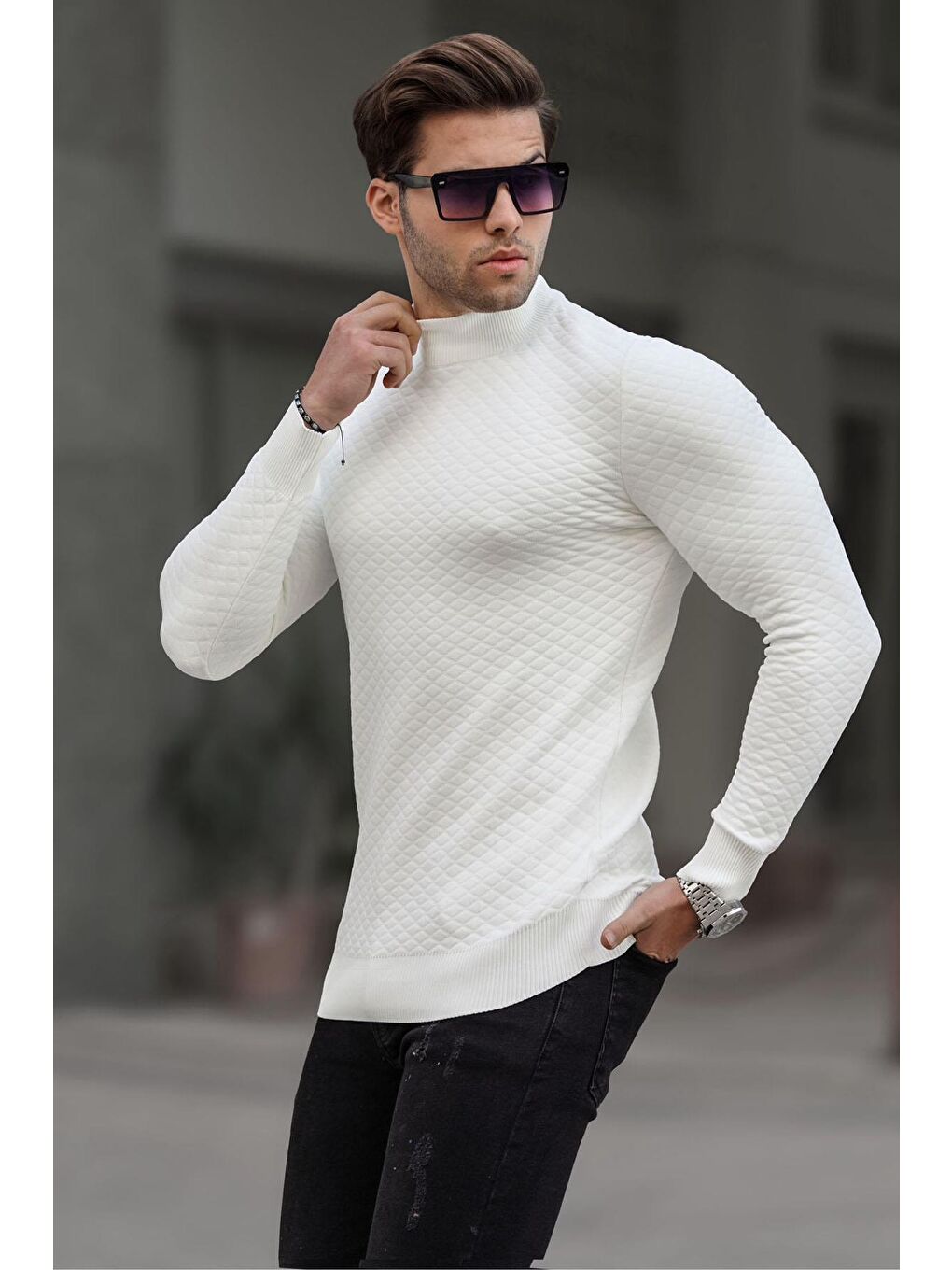 Beyaz Kemik Balıkçı Yaka Erkek Triko Kazak 6809-1