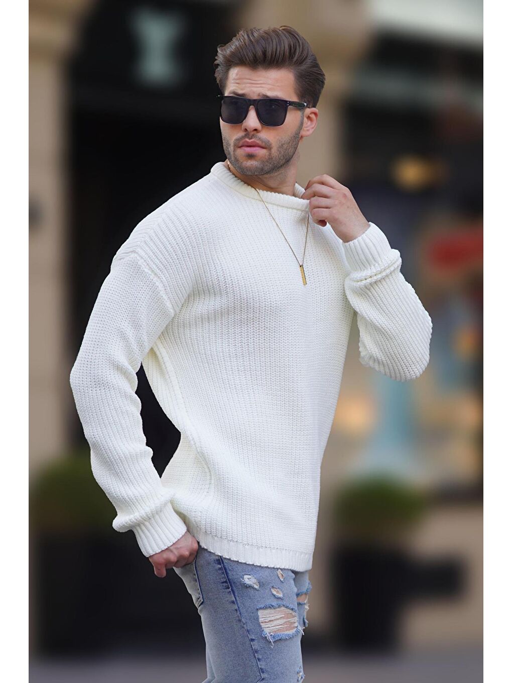 Beyaz Kemik Rengi Bisiklet Yaka Uzun Kollu Örme Kazak 7246-1