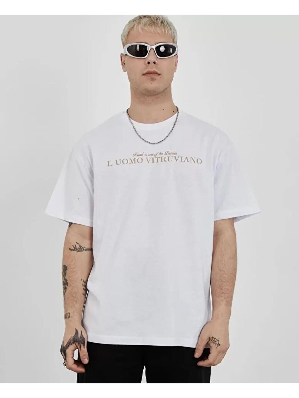 Unisex Bisiklet Yaka Baskılı Oversize T-Shirt - Beyaz