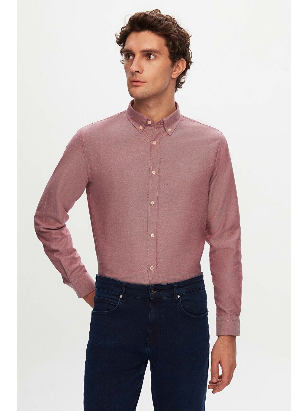 Slim Fit Bordo Armürlü Düğmeli Yaka Pamuklu Gömlek