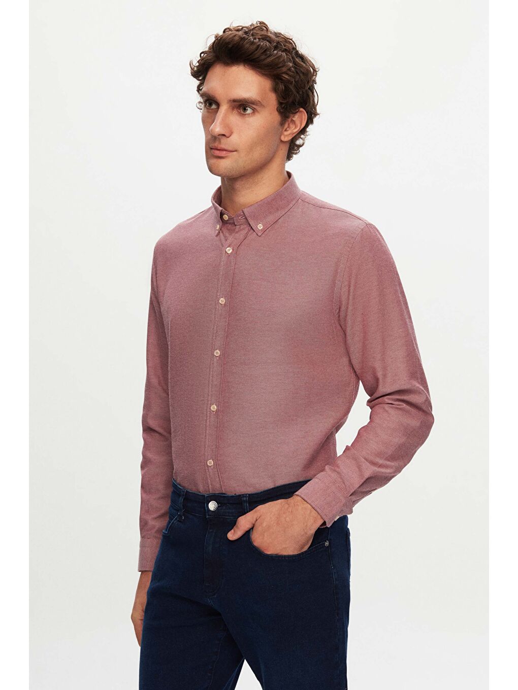 Slim Fit Bordo Armürlü Düğmeli Yaka Pamuklu Gömlek-1