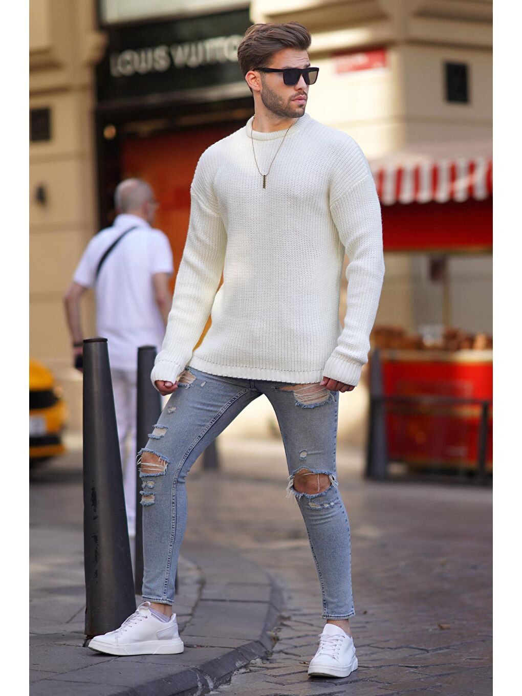 Beyaz Kemik Rengi Bisiklet Yaka Uzun Kollu Örme Kazak 7246-2