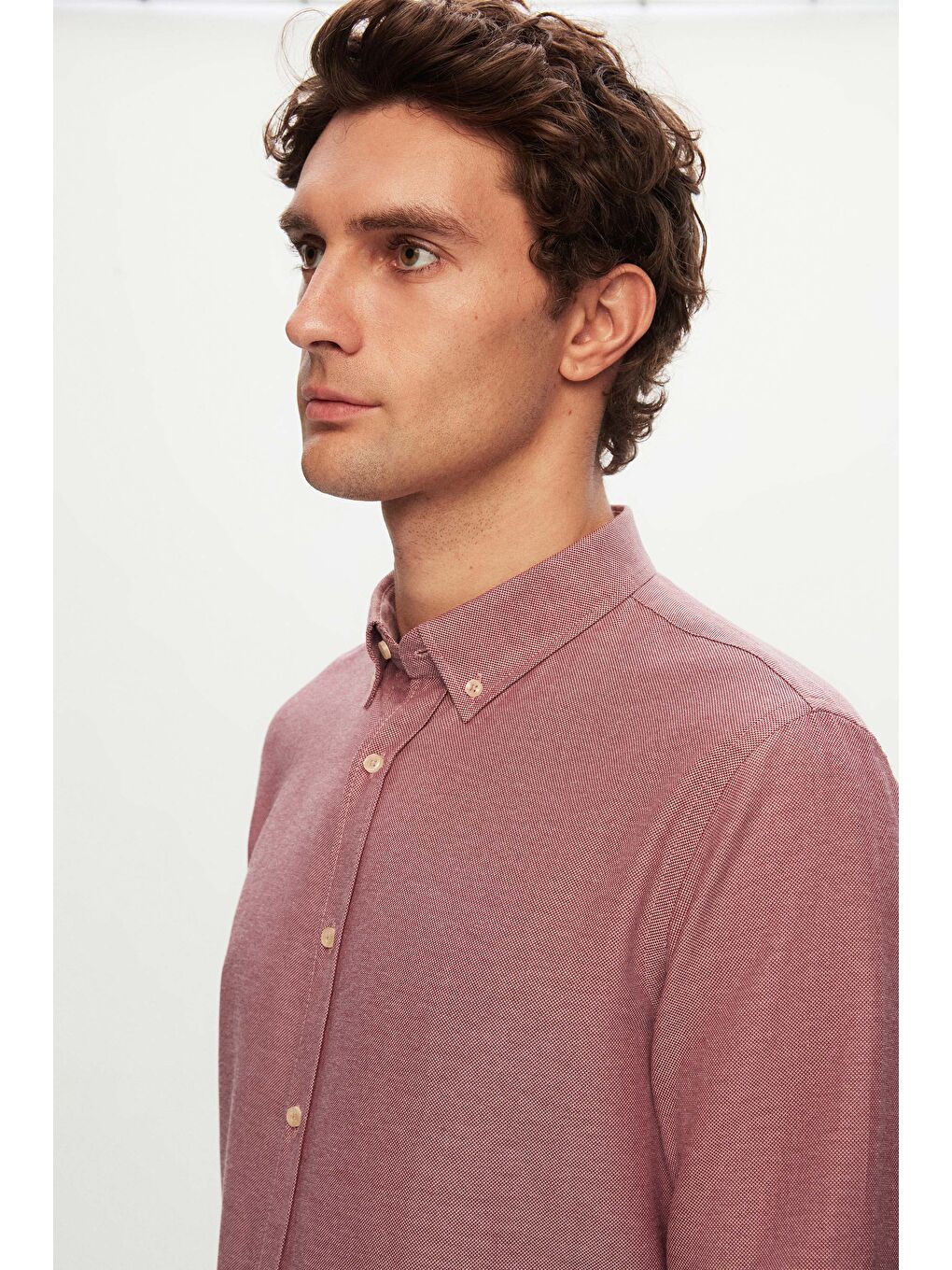 Slim Fit Bordo Armürlü Düğmeli Yaka Pamuklu Gömlek-2