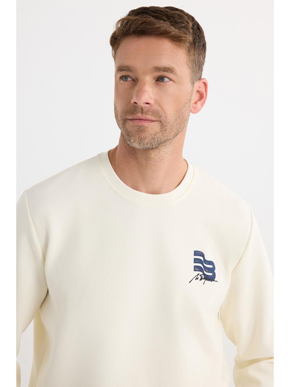 Unisex Relax Fit Rahat Kesim Pamuklu Yumuşak Dokulu Bisklet Yaka İç Polarlı Baskılı Ekru Sweatshirt