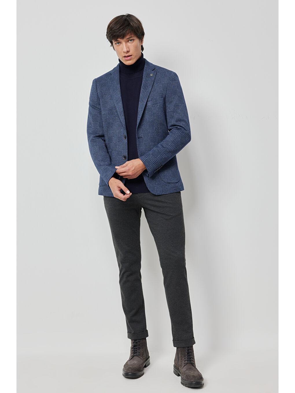 Erkek Lacivert-Beyaz Slim Fit Dar Kesim Mono Yaka Takipli Kareli Ceket-1