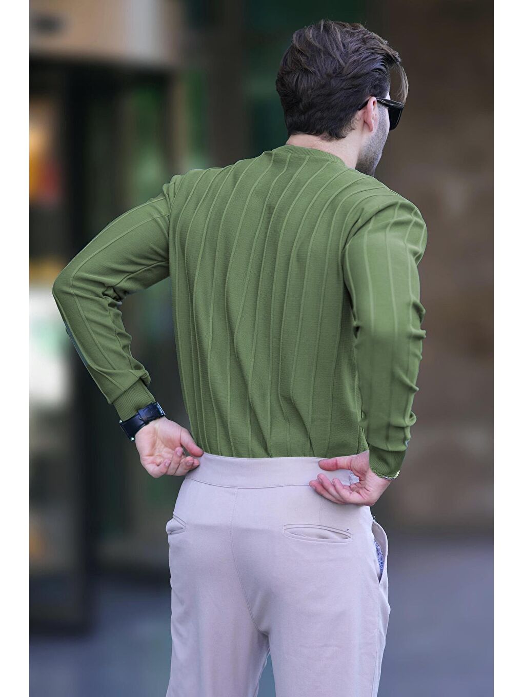 Çağla Yeşili Bisiklet Yaka Çizgili Uzun Kollu Kazak 7244-1