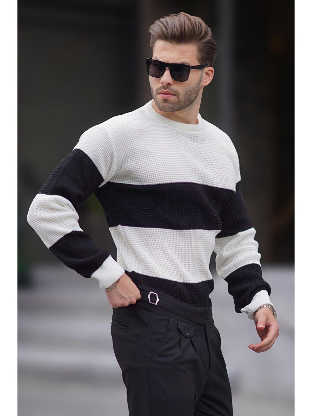 Beyaz Kemik Bisiklet Yaka Renk Bloklu Uzun Kollu Örme Kazak 7236-1